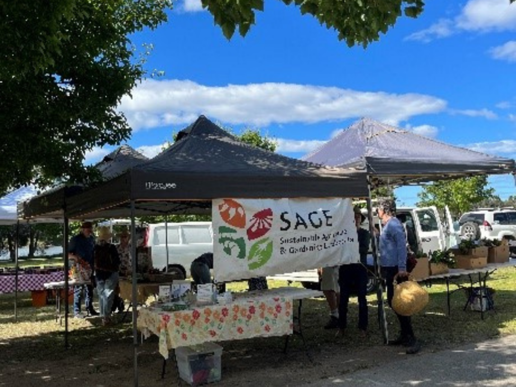 SAGE stall set up at a farmers market.