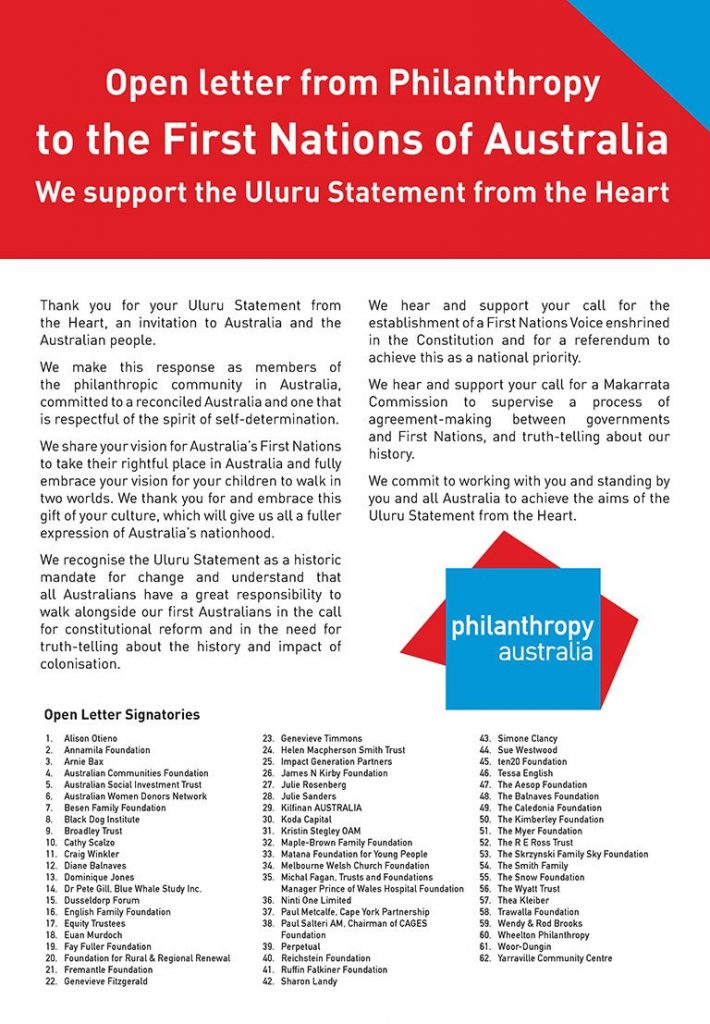 open letter from Philanthropy to the First Nations of Australia. We support the Uluru Statement from the Heart.